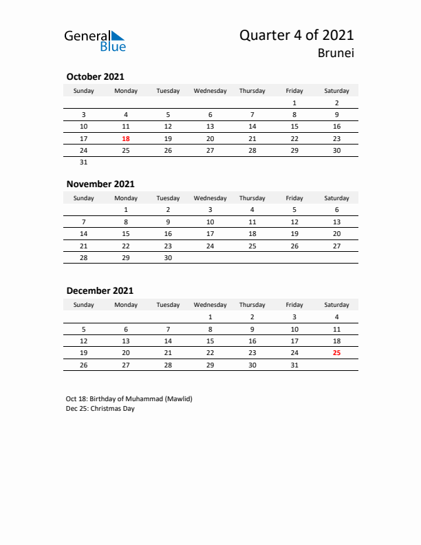 2021 Q4 Three-Month Calendar for Brunei