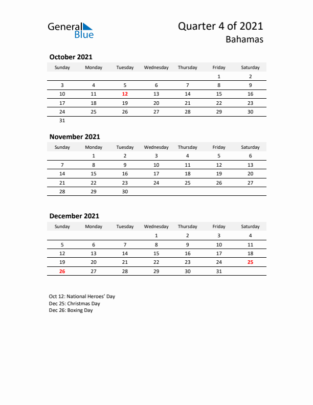 2021 Q4 Three-Month Calendar for Bahamas