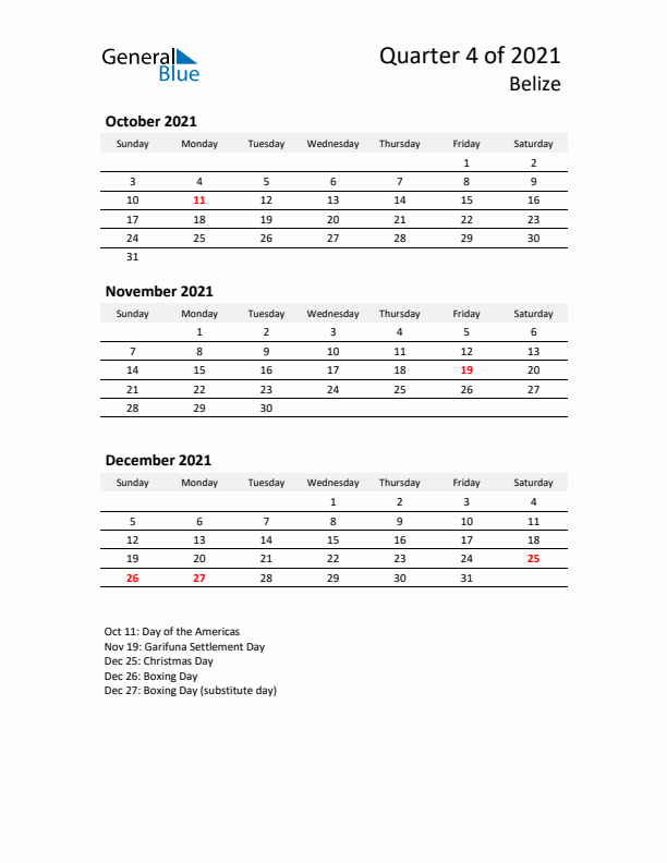 2021 Q4 Three-Month Calendar for Belize