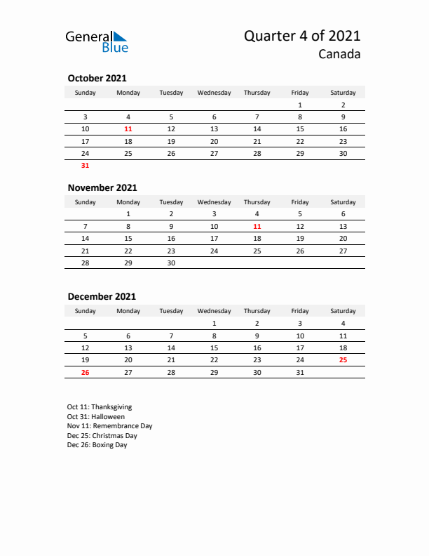 2021 Q4 Three-Month Calendar for Canada