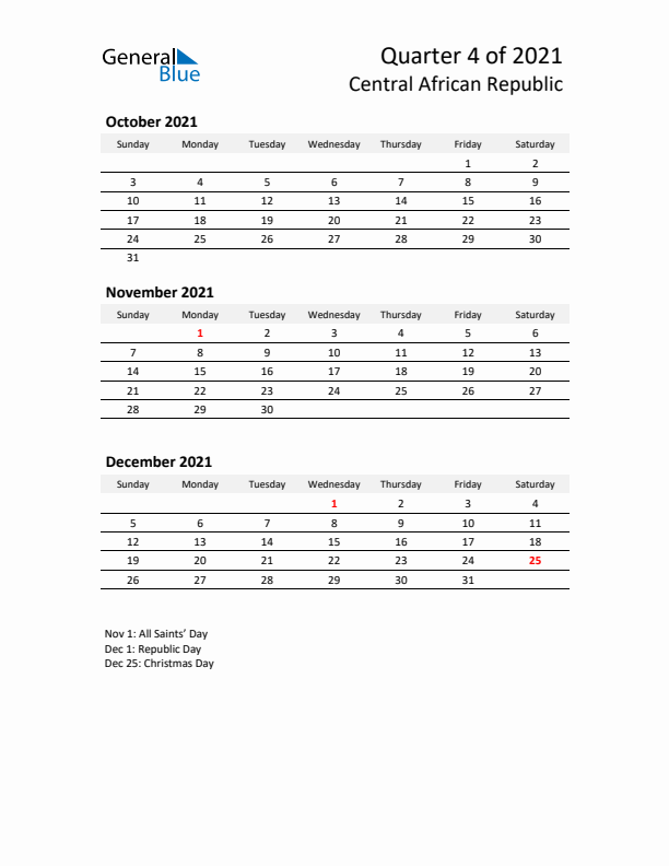 2021 Q4 Three-Month Calendar for Central African Republic