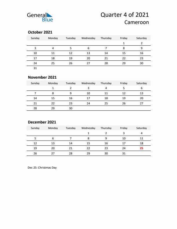 2021 Q4 Three-Month Calendar for Cameroon