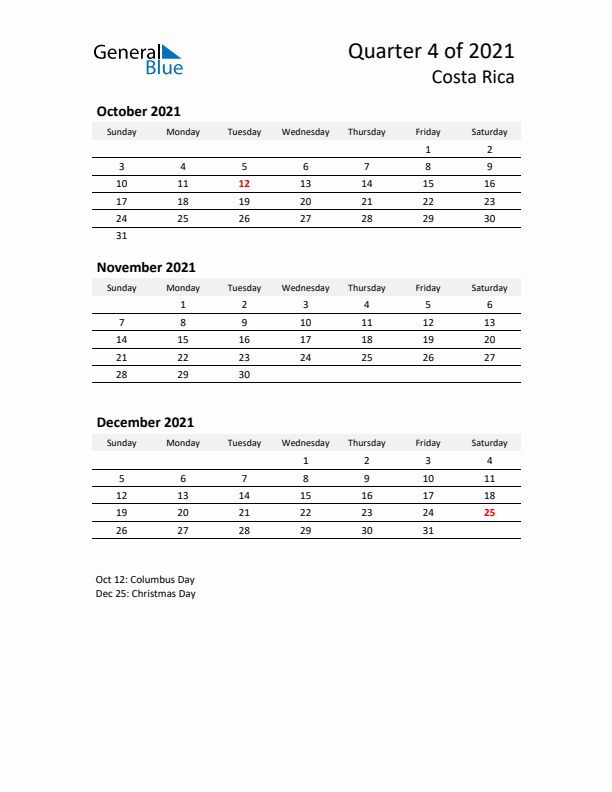 2021 Q4 Three-Month Calendar for Costa Rica