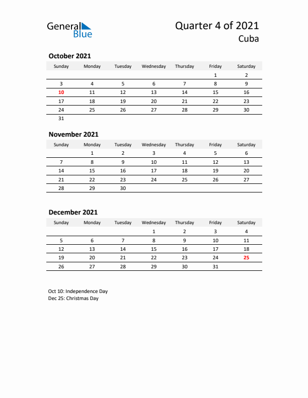 2021 Q4 Three-Month Calendar for Cuba