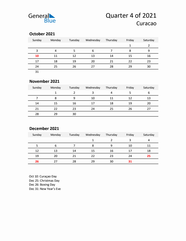 2021 Q4 Three-Month Calendar for Curacao