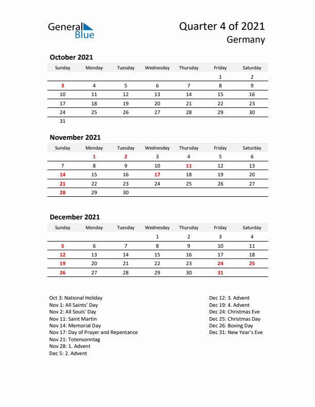 2021 Q4 Three-Month Calendar for Germany