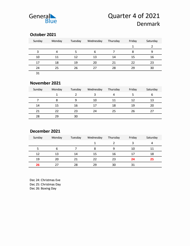 2021 Q4 Three-Month Calendar for Denmark