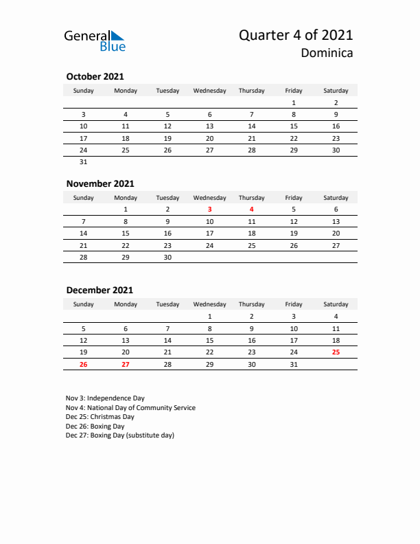 2021 Q4 Three-Month Calendar for Dominica