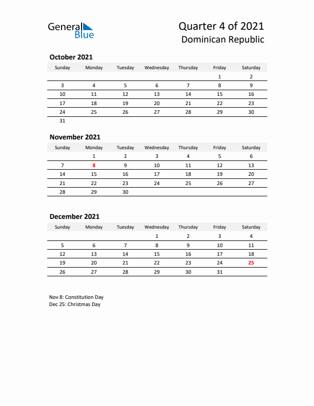 2021 Q4 Three-Month Calendar for Dominican Republic