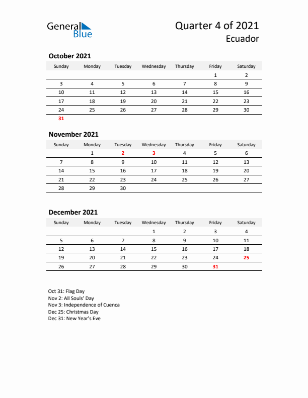 2021 Q4 Three-Month Calendar for Ecuador