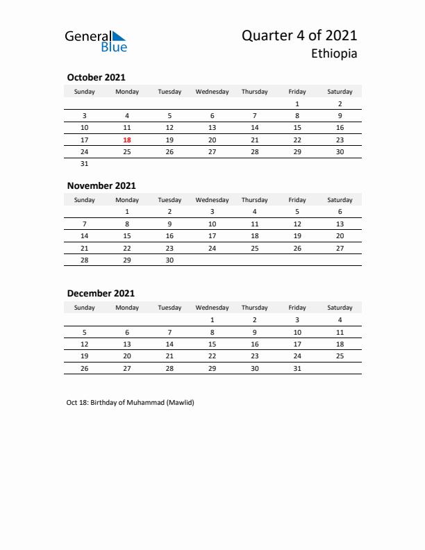 2021 Q4 Three-Month Calendar for Ethiopia