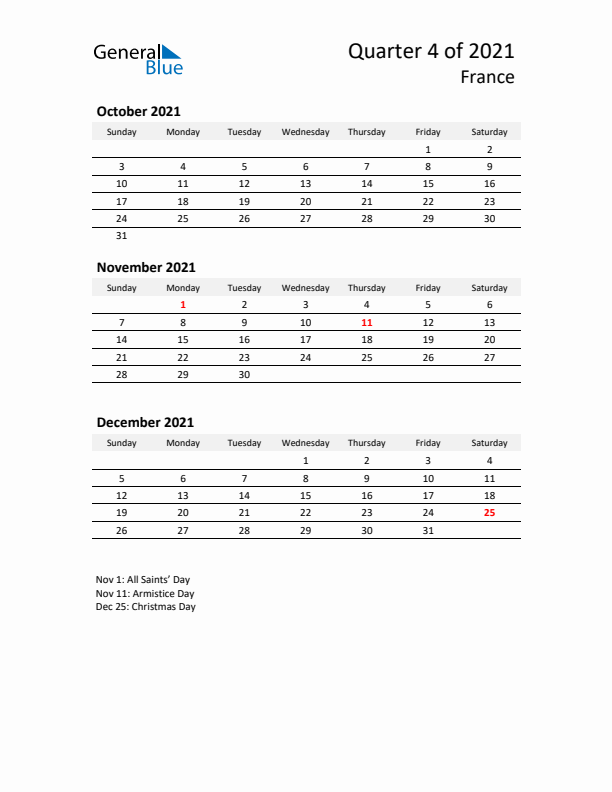 2021 Q4 Three-Month Calendar for France