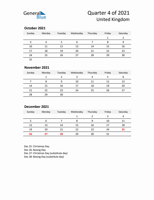 2021 Q4 Three-Month Calendar for United Kingdom