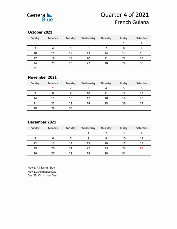 2021 Q4 Three-Month Calendar for French Guiana