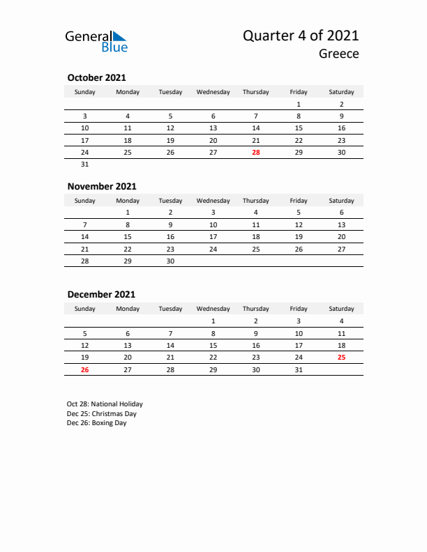 2021 Q4 Three-Month Calendar for Greece