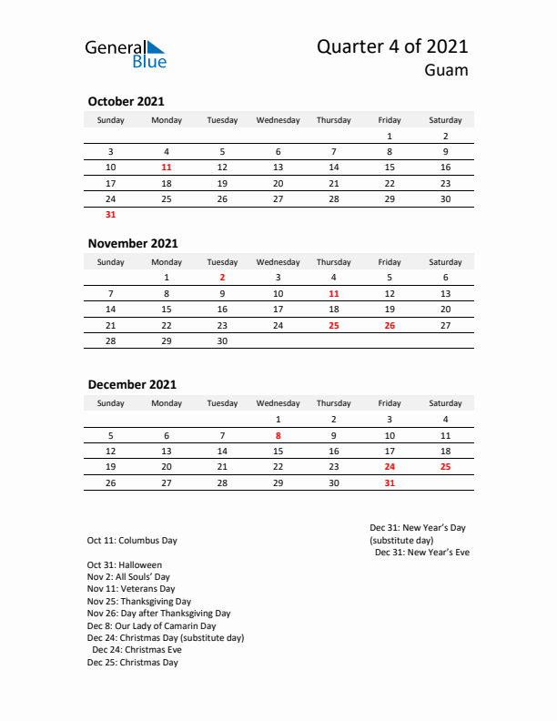 2021 Q4 Three-Month Calendar for Guam