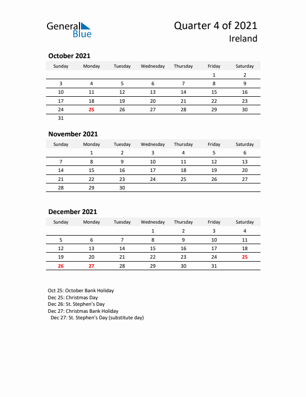 2021 Q4 Three-Month Calendar for Ireland