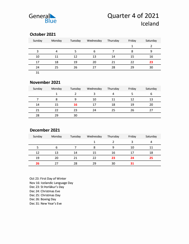 2021 Q4 Three-Month Calendar for Iceland