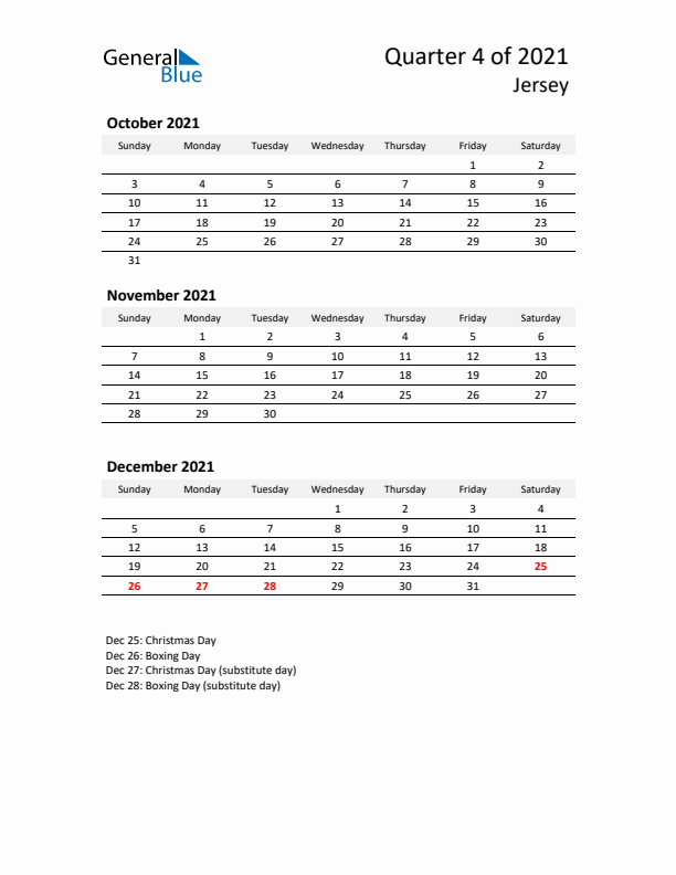 2021 Q4 Three-Month Calendar for Jersey