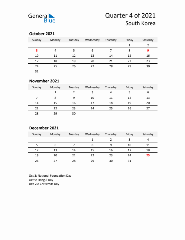 2021 Q4 Three-Month Calendar for South Korea