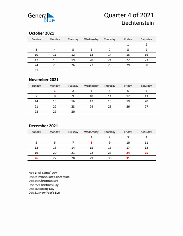 2021 Q4 Three-Month Calendar for Liechtenstein