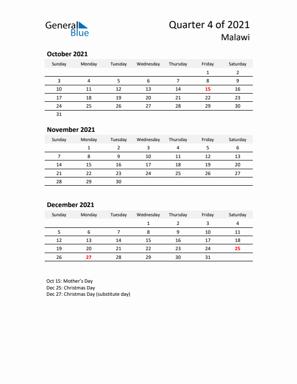 2021 Q4 Three-Month Calendar for Malawi