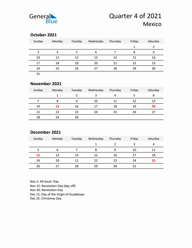 2021 Q4 Three-Month Calendar for Mexico