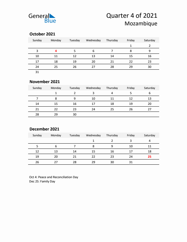 2021 Q4 Three-Month Calendar for Mozambique