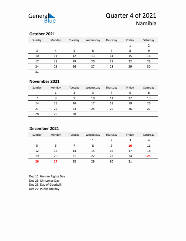 2021 Q4 Three-Month Calendar for Namibia