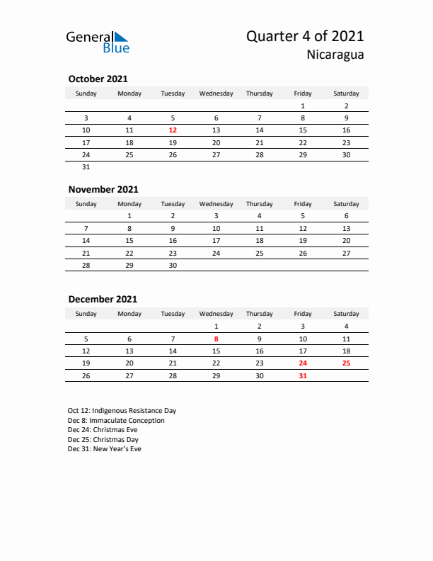 2021 Q4 Three-Month Calendar for Nicaragua