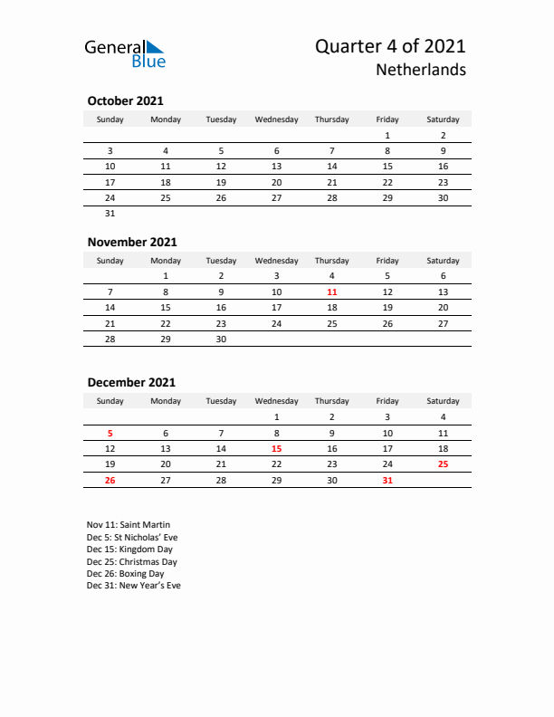 2021 Q4 Three-Month Calendar for The Netherlands