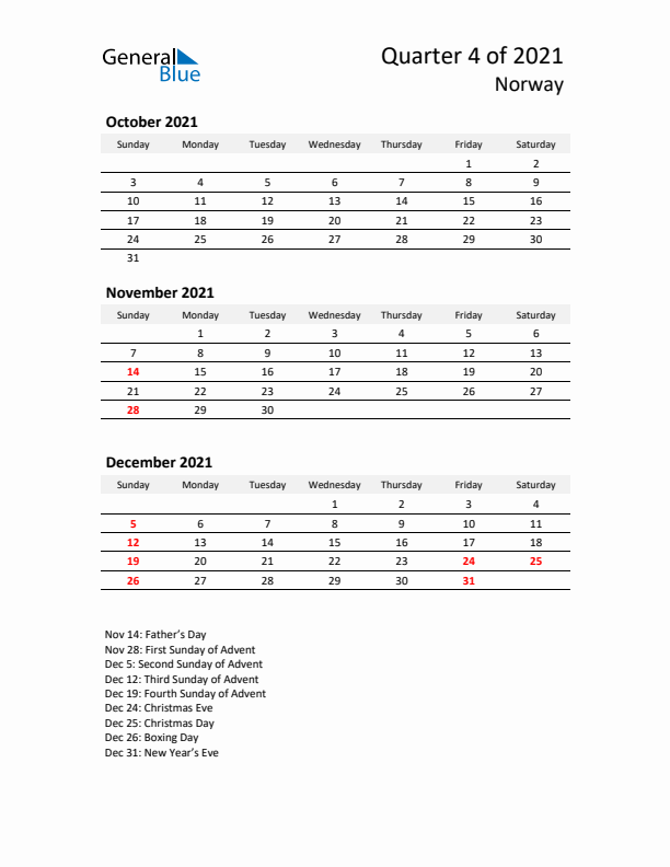 2021 Q4 Three-Month Calendar for Norway