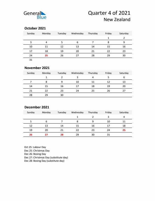 2021 Q4 Three-Month Calendar for New Zealand