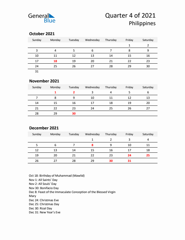 2021 Q4 Three-Month Calendar for Philippines