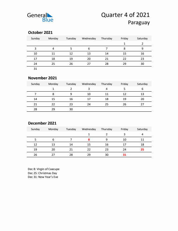 2021 Q4 Three-Month Calendar for Paraguay