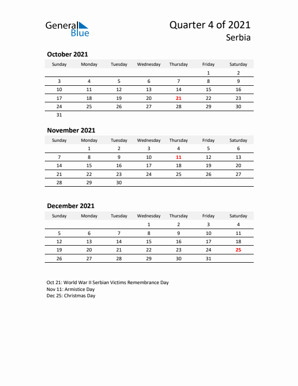 2021 Q4 Three-Month Calendar for Serbia