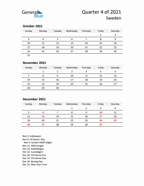 2021 Q4 Three-Month Calendar for Sweden