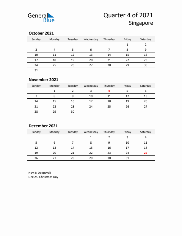 2021 Q4 Three-Month Calendar for Singapore