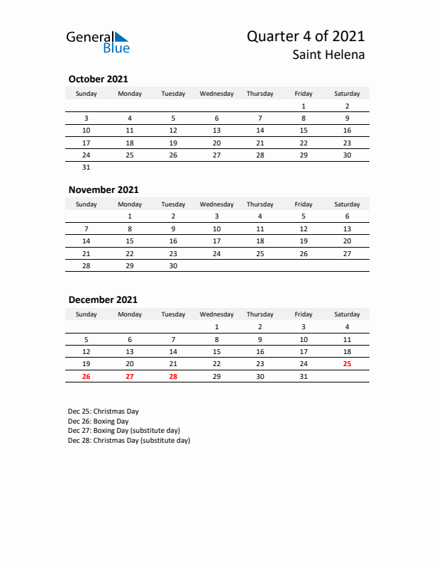 2021 Q4 Three-Month Calendar for Saint Helena