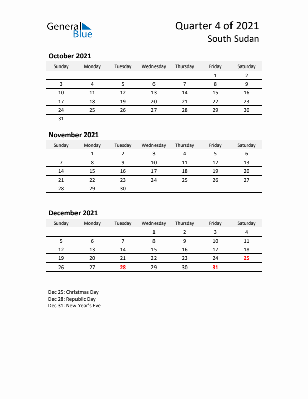 2021 Q4 Three-Month Calendar for South Sudan