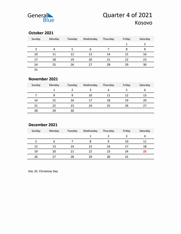 2021 Q4 Three-Month Calendar for Kosovo