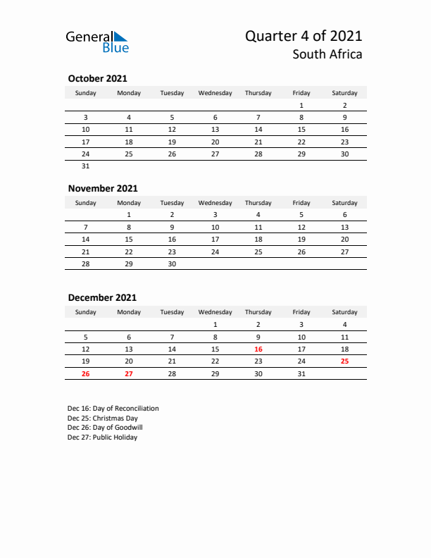 2021 Q4 Three-Month Calendar for South Africa