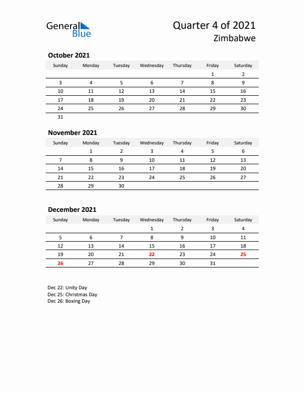 2021 Q4 Three-Month Calendar for Zimbabwe