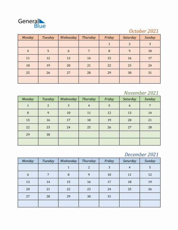 Three-Month Calendar for Year 2021 (October, November, and December)