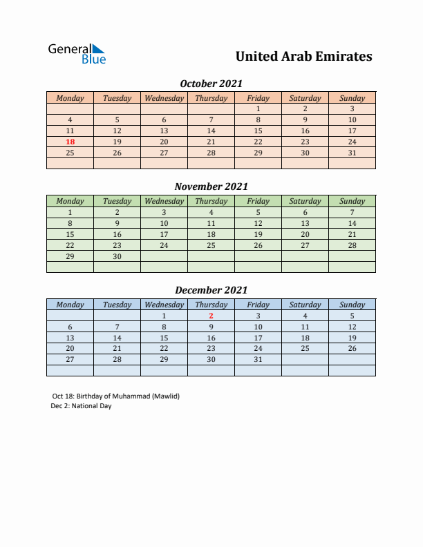 Q4 2021 Holiday Calendar - United Arab Emirates