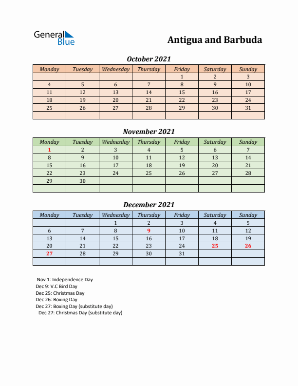 Q4 2021 Holiday Calendar - Antigua and Barbuda