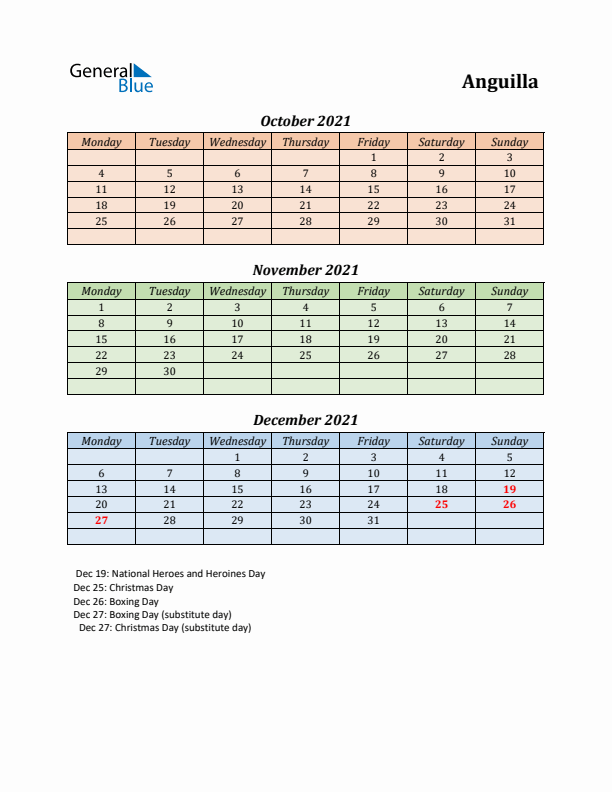 Q4 2021 Holiday Calendar - Anguilla