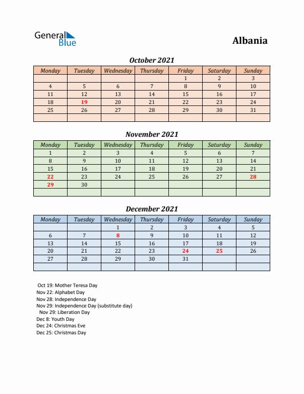 Q4 2021 Holiday Calendar - Albania