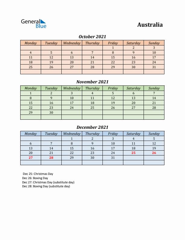 Q4 2021 Holiday Calendar - Australia