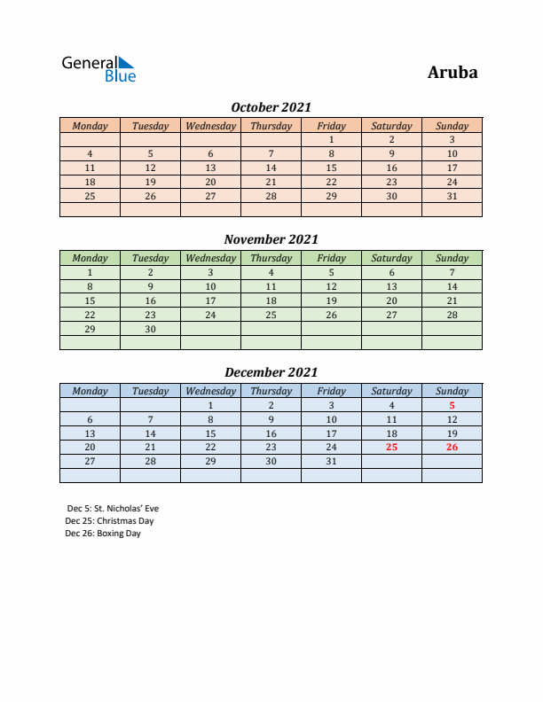 Q4 2021 Holiday Calendar - Aruba